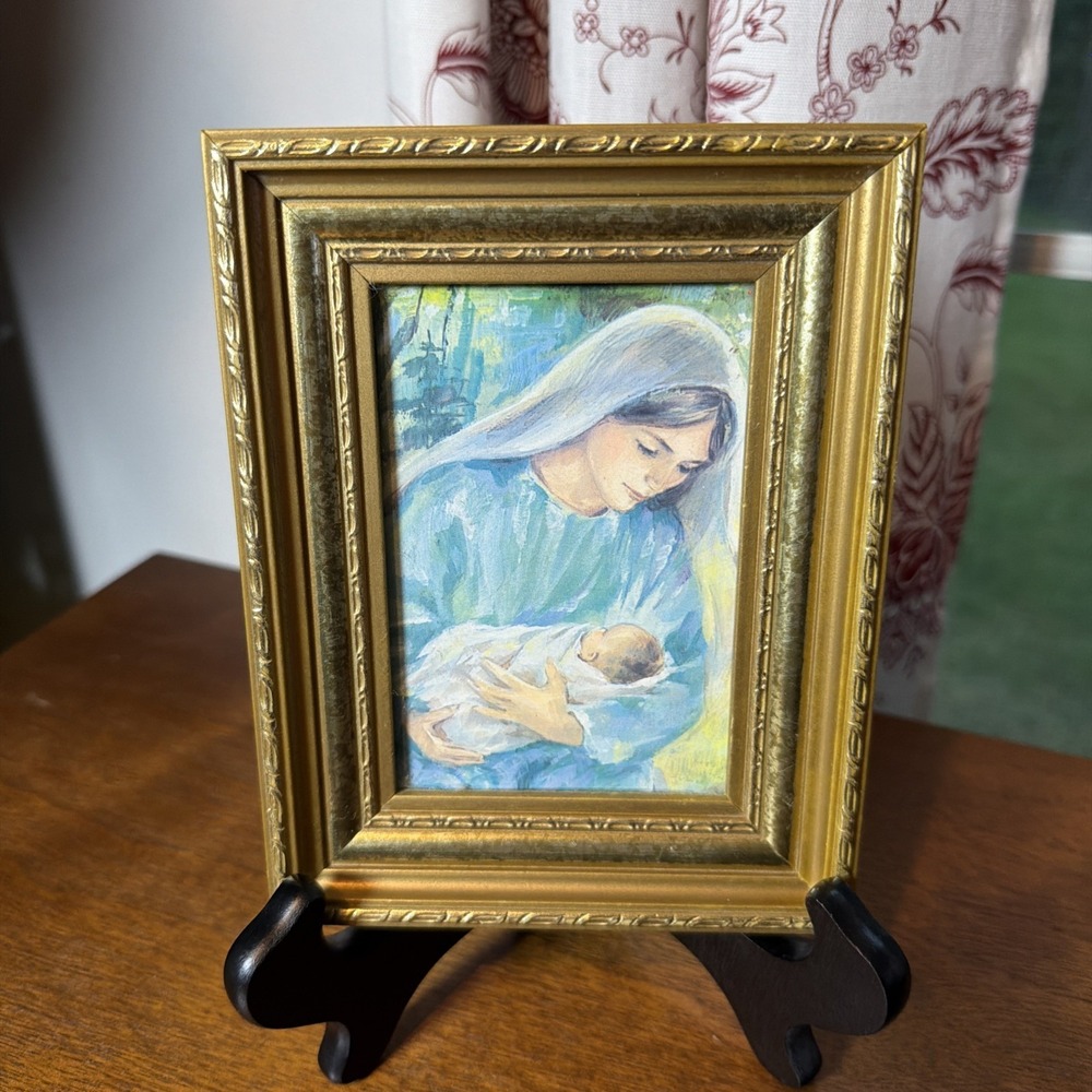 Vintage Mother Mary Holding Baby Jesus Print Gold Frame Catholic Religious Faith